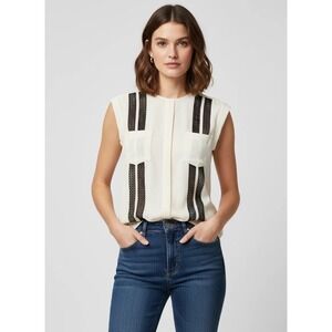 Veronica Beard Ivory Silk Lace Stripe Cap Sleeve Blouse Top Black Accent Size 2